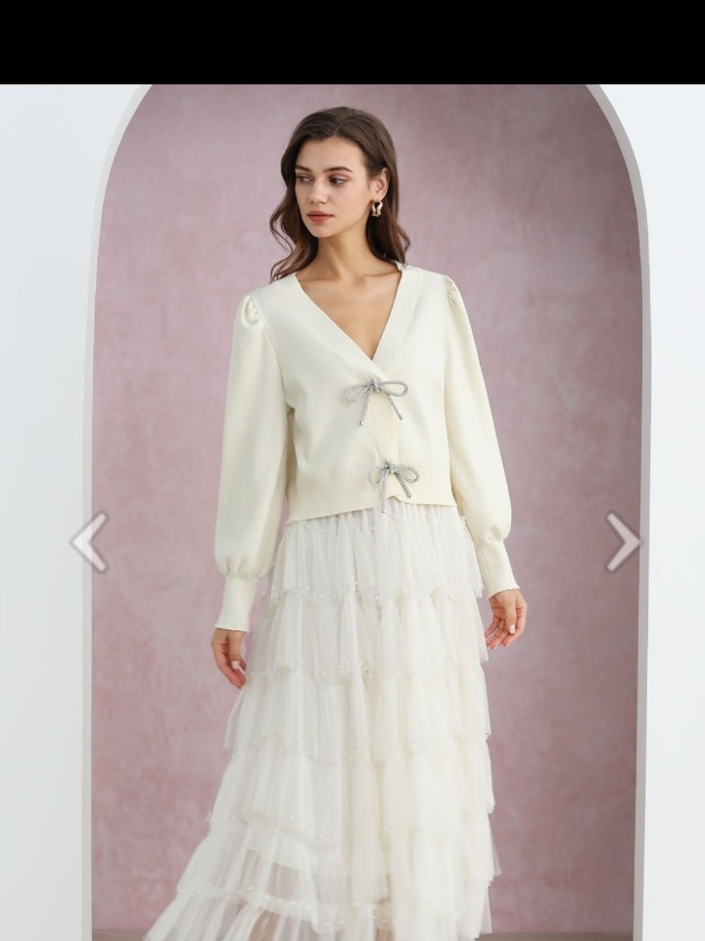 Source Unknown Cream V-Neck Knit Cardigan with Bow Ties
